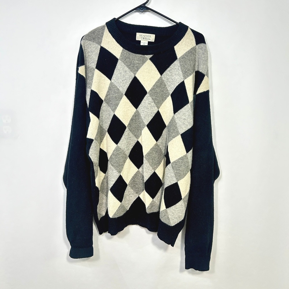 Argyle Diamond Knit Sweater Gray Black Lambswool XL Grandpa Academia Minimalist‎